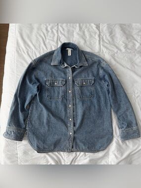H&M Denim Shacket Shirt Jacket Women’s S Pearl Snap Oversized Western Cowgirl